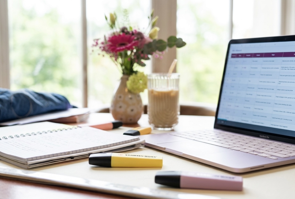 Espace de travail Bloomly Agency avec ordinateur, bouquet de fleurs et notes manuscrites. Méthode d'accompagnement digital pour PME en Wallonie et Bruxelles.